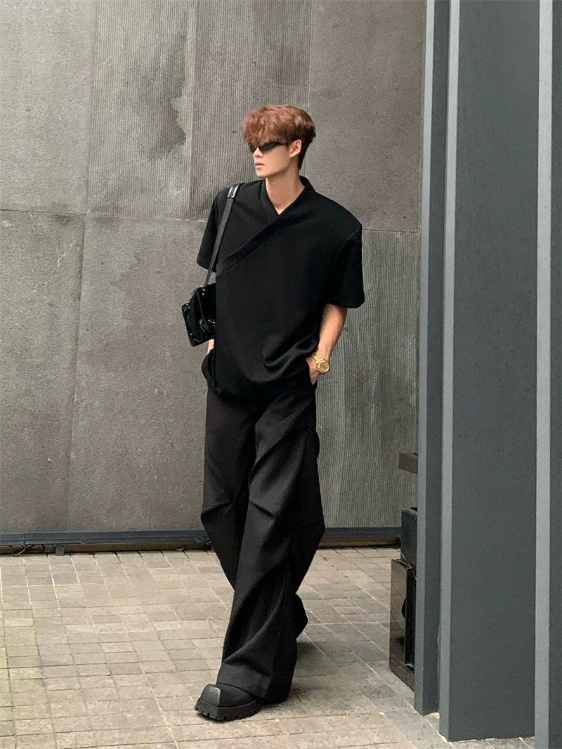 Pleats Black Color Flare Trousers WN20045