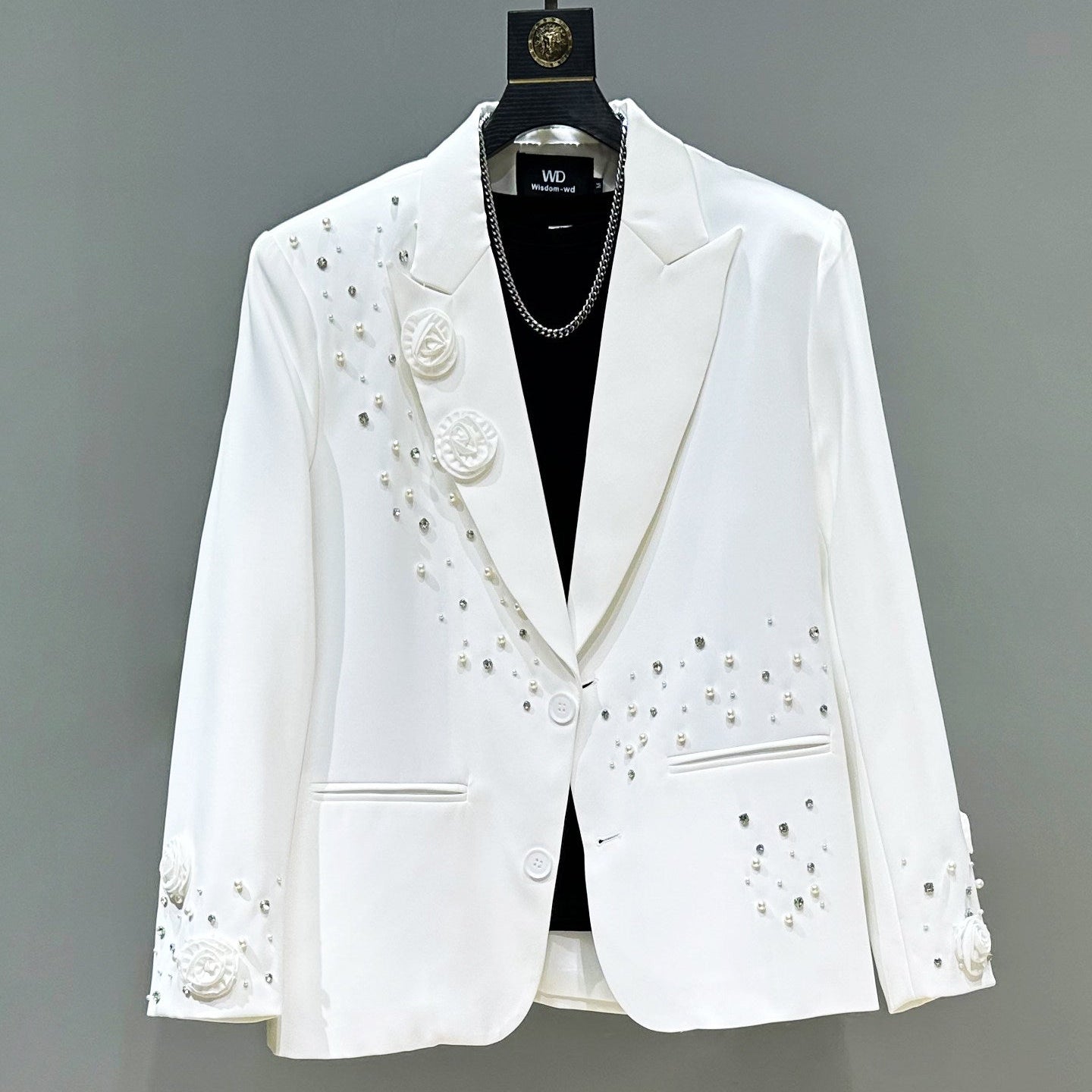 Beaded Rhinestone Oversize Tailored Jacket & Flare Trousers Setup WN23880