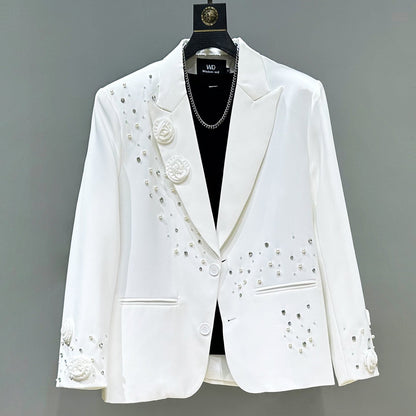 Beaded Rhinestone Oversize Tailored Jacket & Flare Trousers Setup WN23880