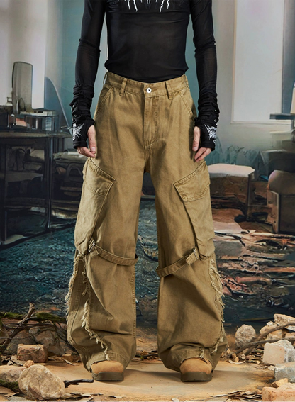 Large Pocket Washed Fringe Straight Cargo Denim Jeans WN20585