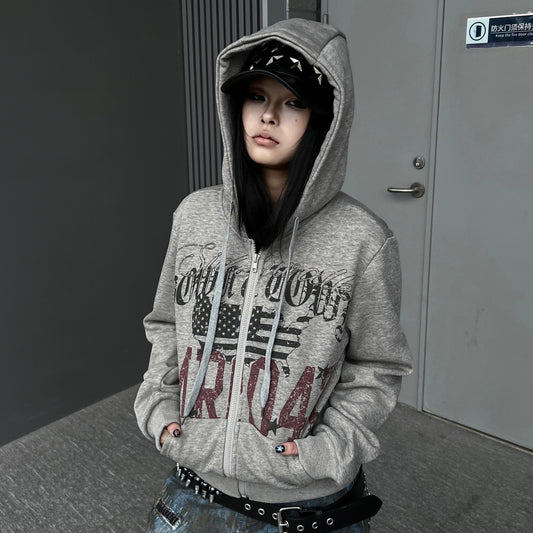 Damage Letter Print Fleece Lining Zipper Hoodie WN24208