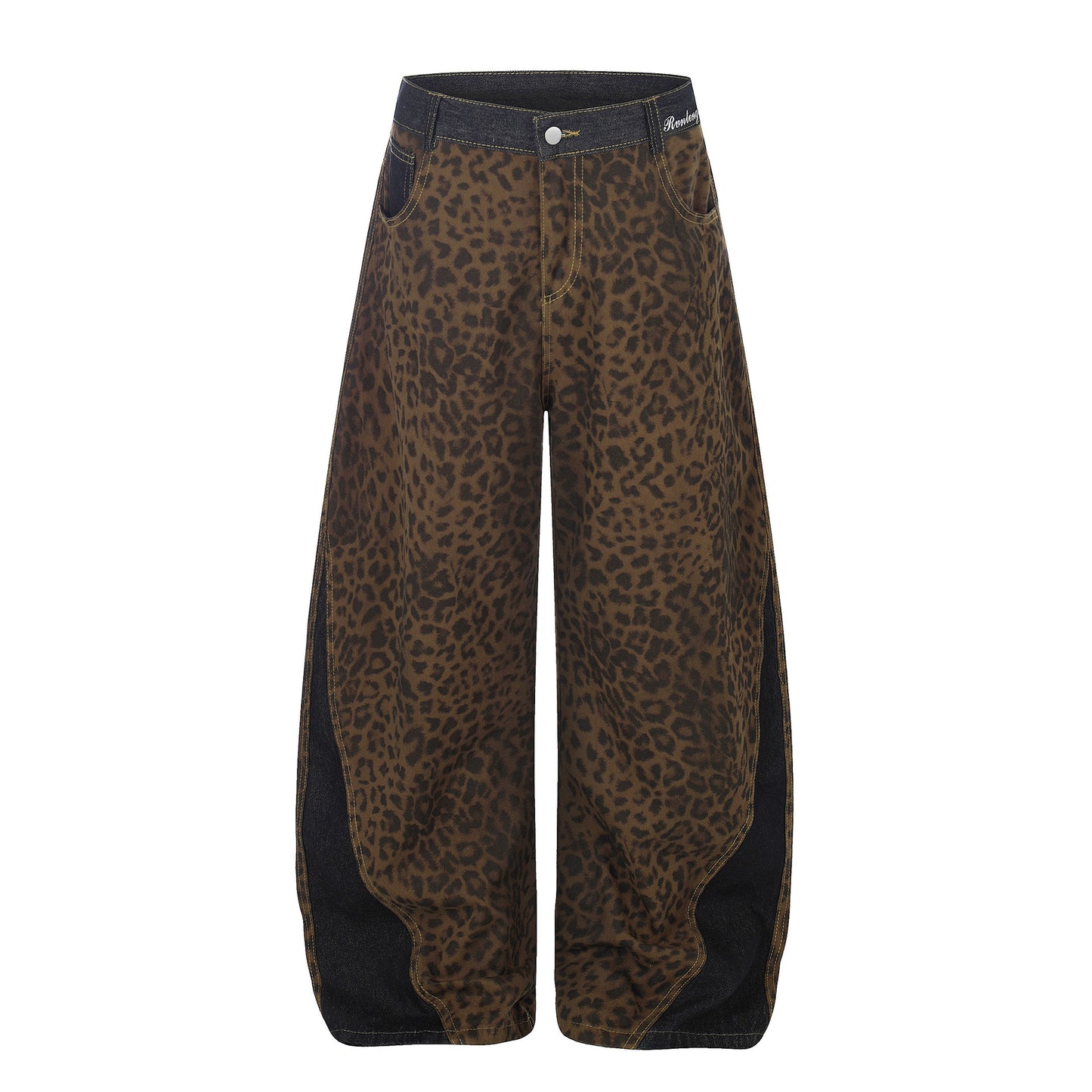 Leopard Print Curved Wide Leg Denim Jeans WN25679