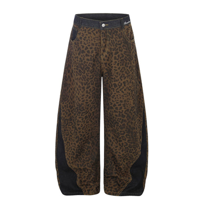 Leopard Print Curved Wide Leg Denim Jeans WN25679