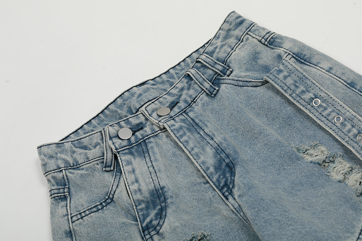 Washed Curved Multi Pocket Wide Leg Cargo Denim Jeans WN25736