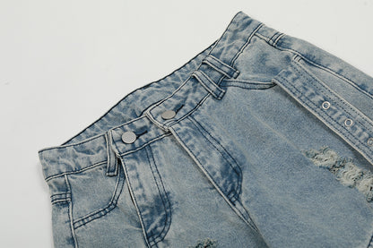 Washed Curved Multi Pocket Wide Leg Cargo Denim Jeans WN25736