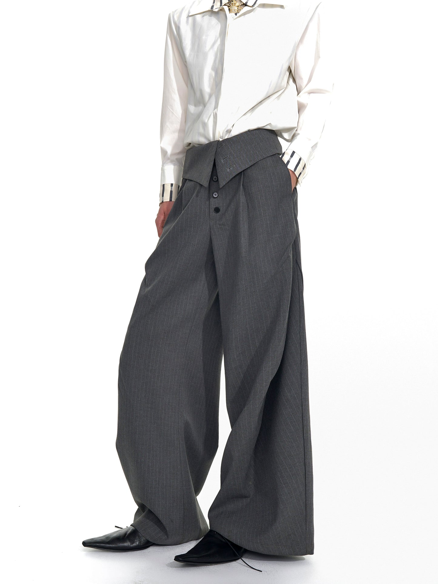 Foldable Waist Pinstripe Flare Trousers WN20938