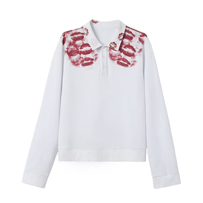 Lip Print Polo-Collar Long Sleeve Shirt WN27144