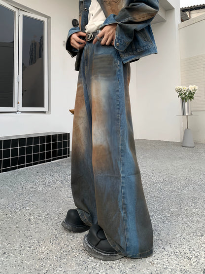 Multicolor Heavyweight Washed Denim Jacket & Washed Wide Leg Denim Jeans Setup WN19822