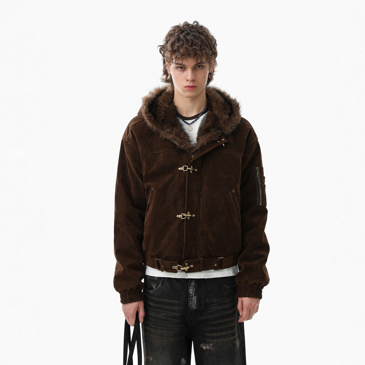 Hooded Fake Fur Collar Metal Buckle Jacket WN23092