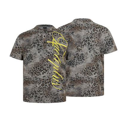 Leopard Letter Print Button Placket Short Sleeve T-Shirt WN25787