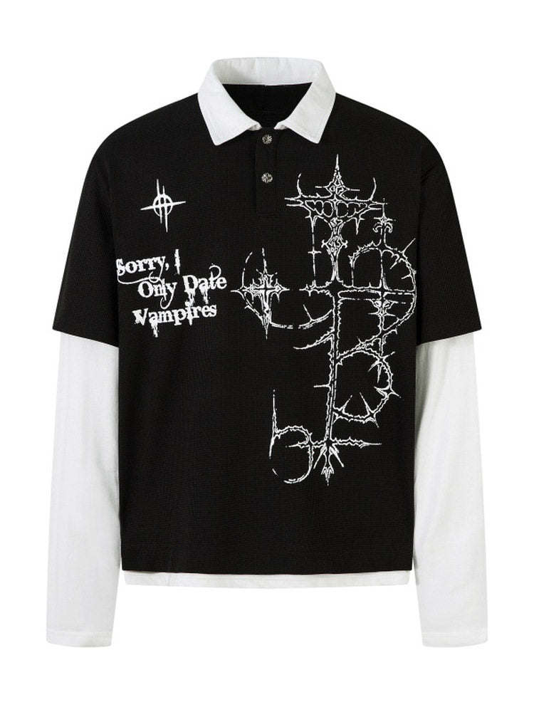 Cross Fake Layered Waffle Long Sleeve Polo T Shirt WN24245