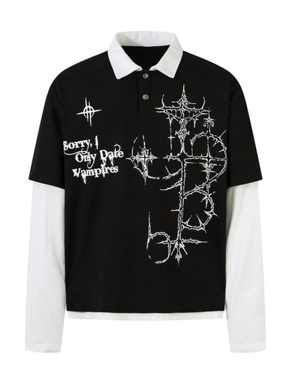 Cross Fake Layered Waffle Long Sleeve Polo T Shirt WN24245