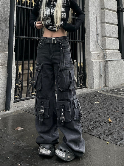 Multi-Pocket Washed Wide Leg Cargo Denim Jeans WN24220
