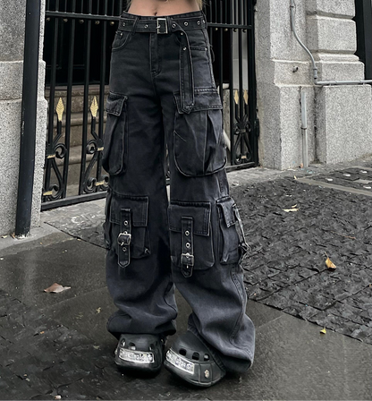Multi-Pocket Washed Wide Leg Cargo Denim Jeans WN24220