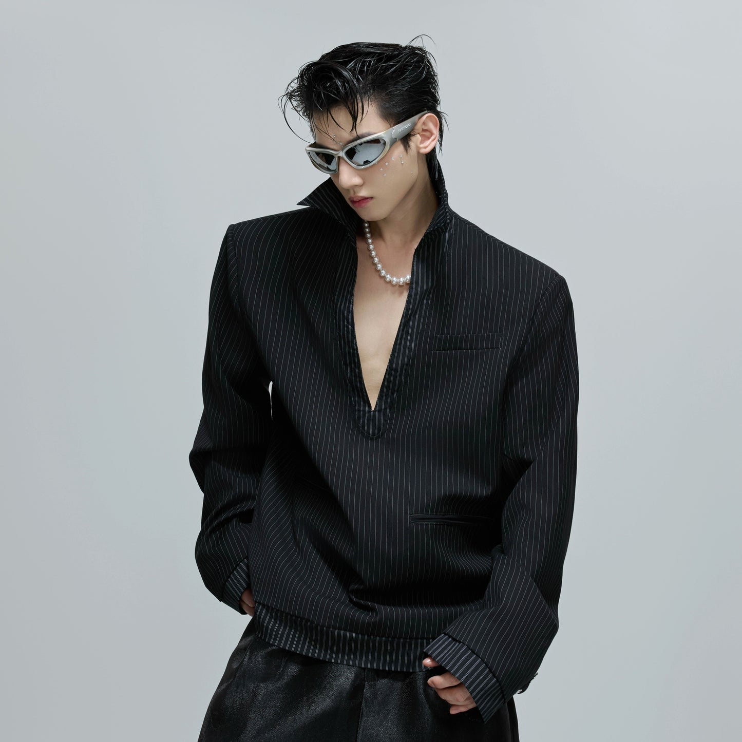 V-Neck Striped Shoulder-Pad Polo Shirt WN21689