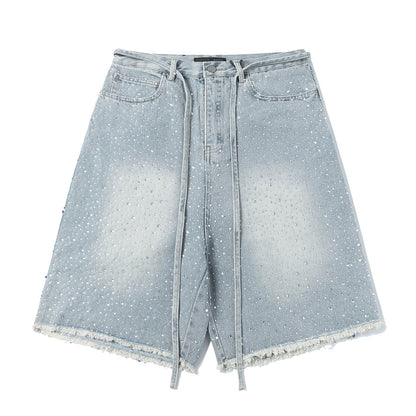 Fringe Rhinestone Wide Leg Half Denim Pants WN25612