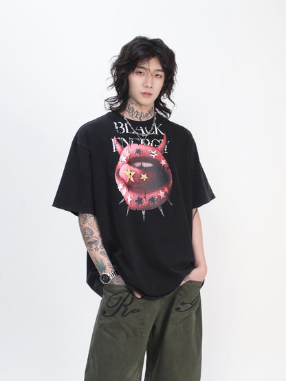 Washed Tongue Print Short Sleeve T-Shirt WN24452