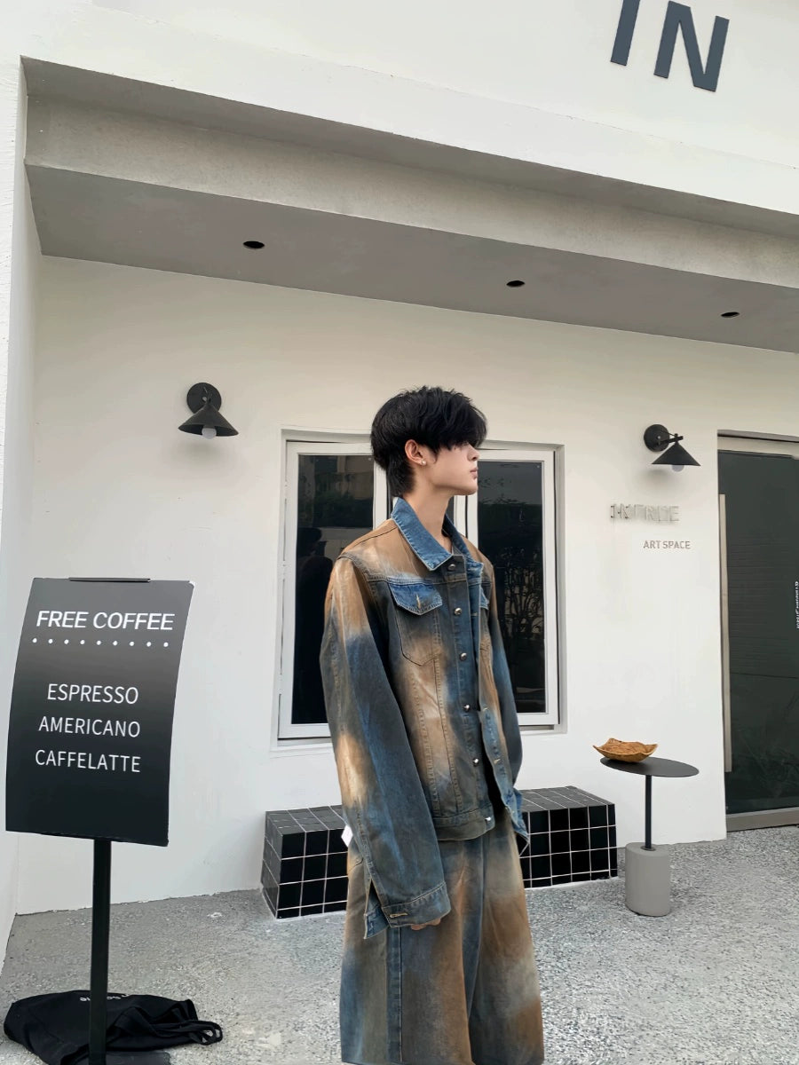 Multicolor Heavyweight Washed Denim Jacket & Washed Wide Leg Denim Jeans Setup WN19822