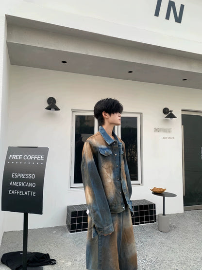 Multicolor Heavyweight Washed Denim Jacket & Washed Wide Leg Denim Jeans Setup WN19822