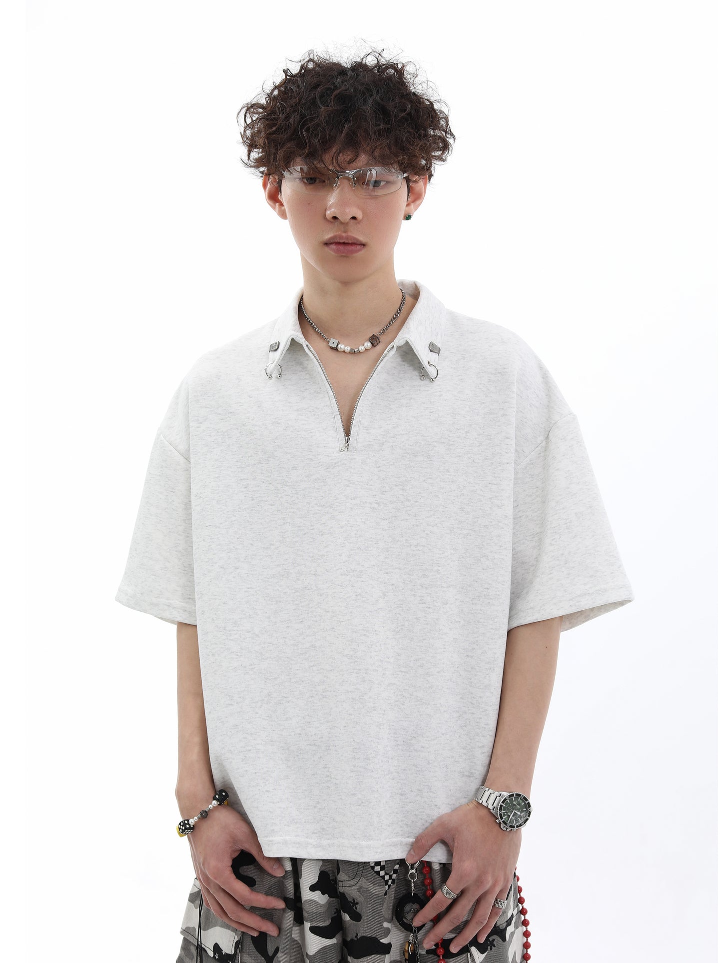 Half Zipper Metal Button Oversize Short Sleeve T-Shirt WN15666