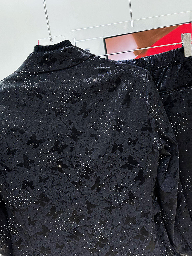 Rhinestone Star Butterfly Jacquard Tailored Jacket & Trousers Setup WN23905
