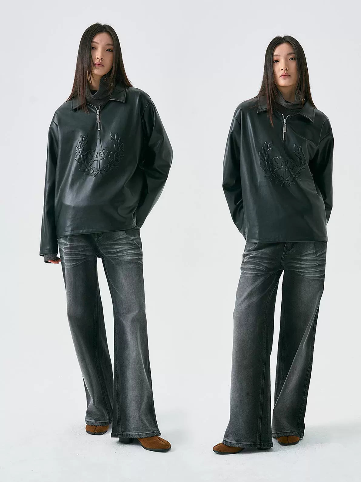 PU Leather Long Sleeve Polo Shirt WN18928