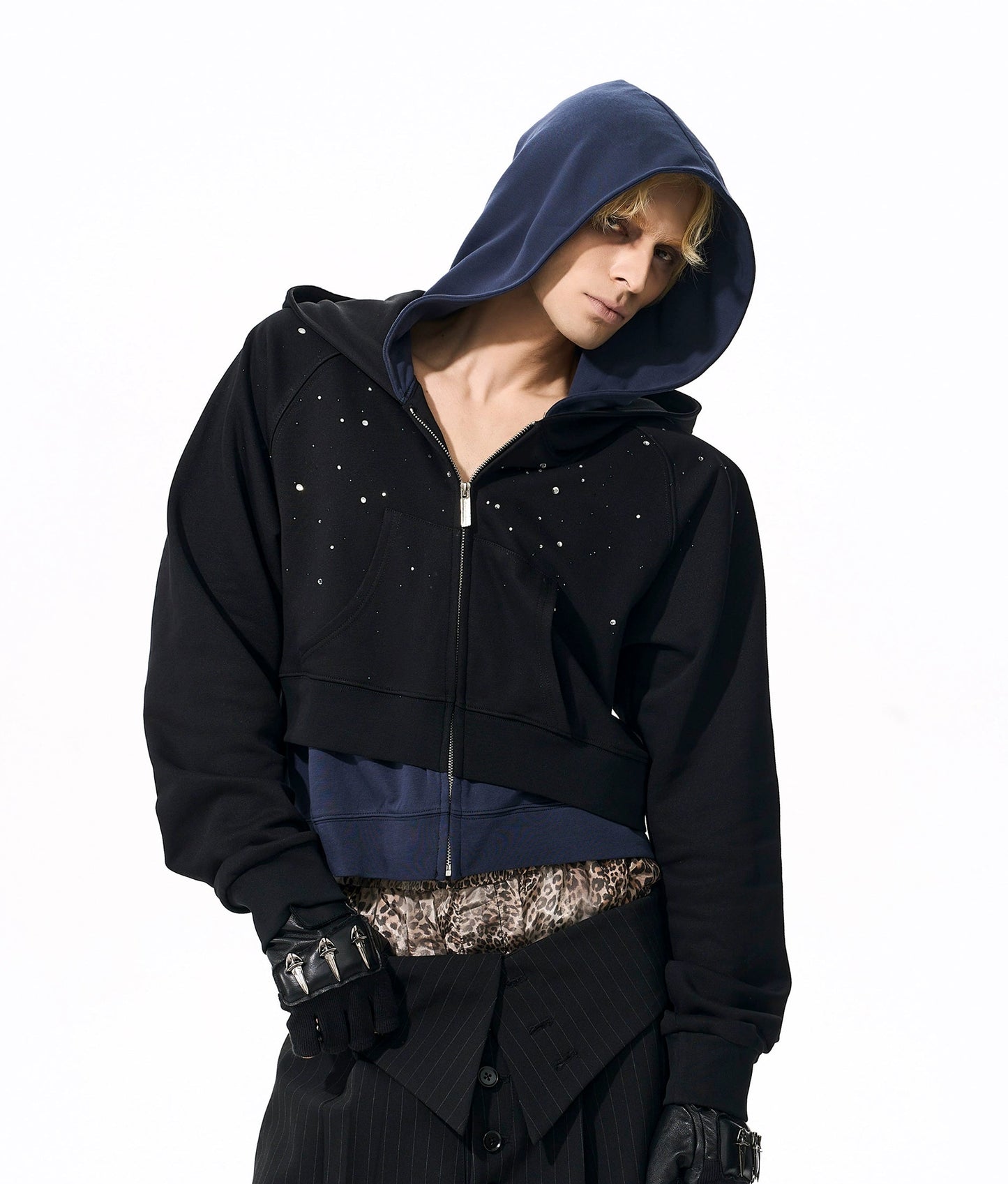 Fake Layered Art Print Rhinestone Zipper Hoodie WN21779