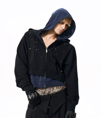Fake Layered Art Print Rhinestone Zipper Hoodie WN21779