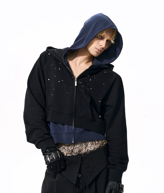 Fake Layered Art Print Rhinestone Zipper Hoodie WN21779
