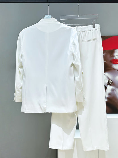 3D Rose Embroidery Tailored Jacket & Wide Leg Trousers Setup WN23875