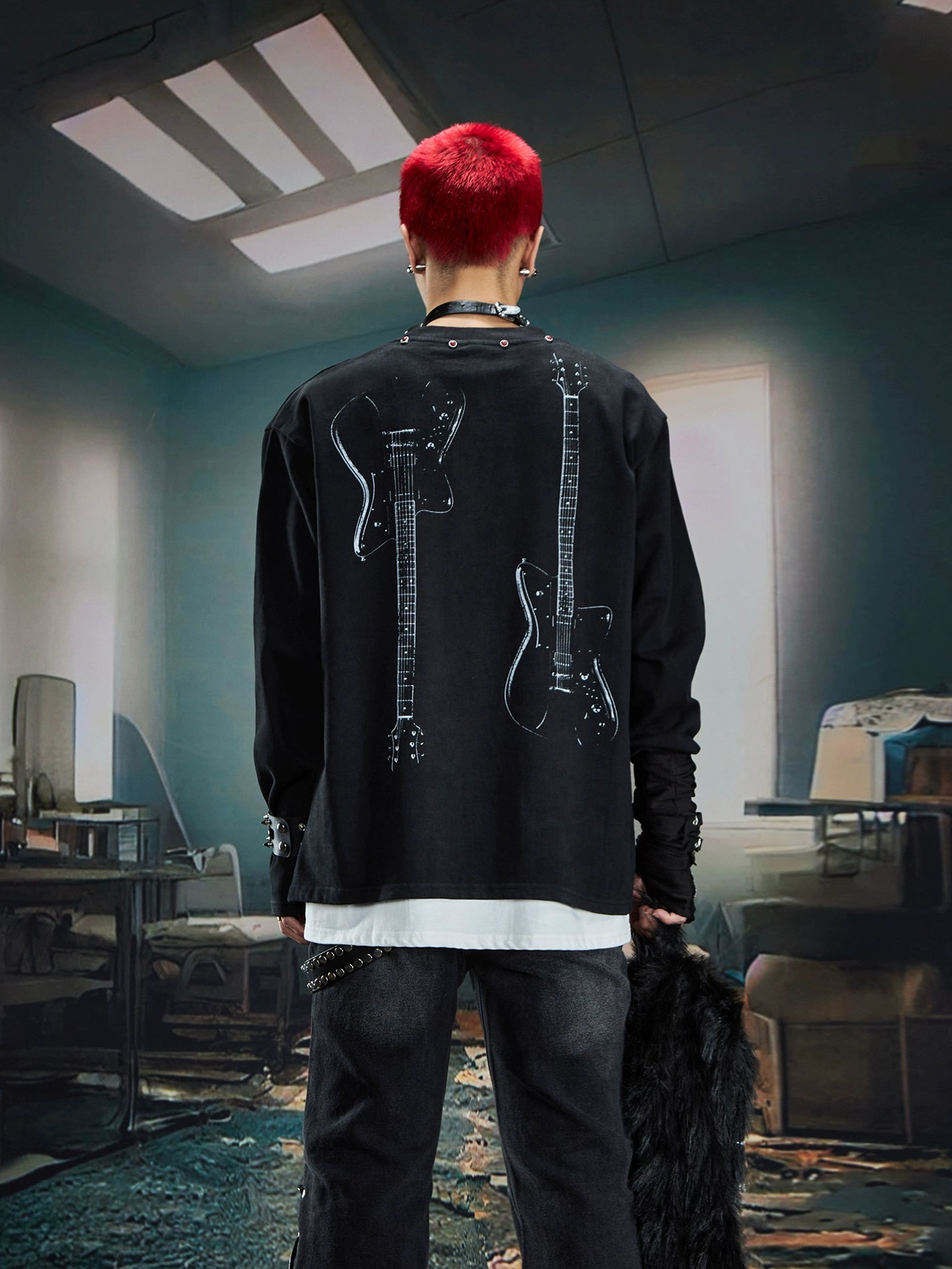 Washed Digital Portrait Slogan Print Stud Long Sleeve T-Shirt WN20559