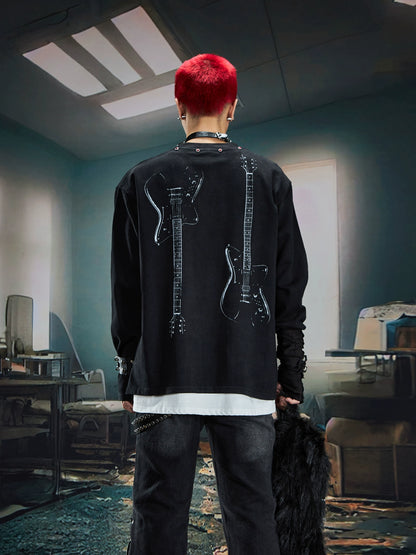 Washed Digital Portrait Slogan Print Stud Long Sleeve T-Shirt WN20559