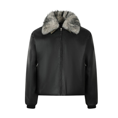 Detachable Fake Fur Collar PU Leather Zipper Jacket WN21921