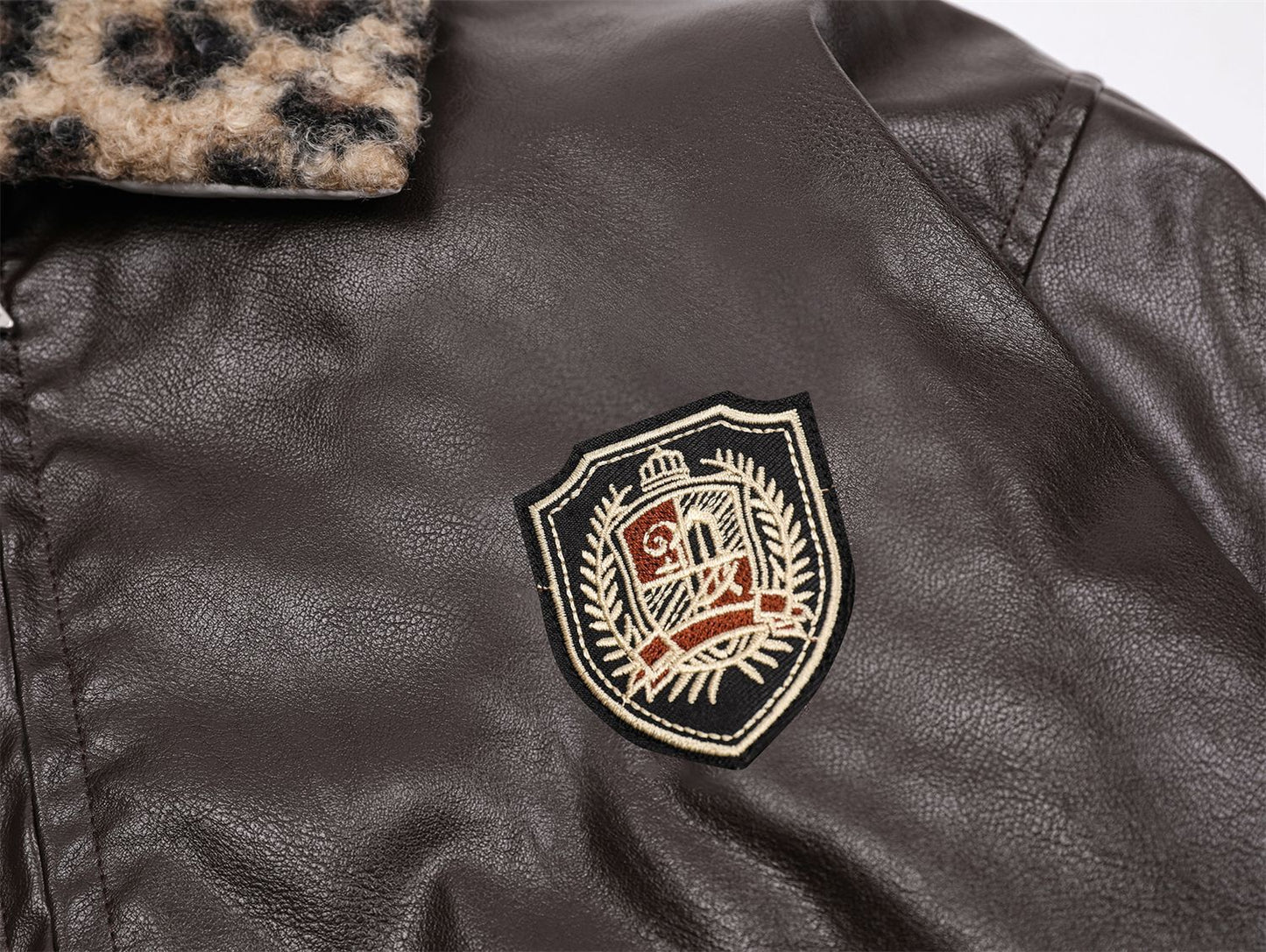 Badge Embroidery Detachable Leopard Collar PU Leather Jacket WN11189
