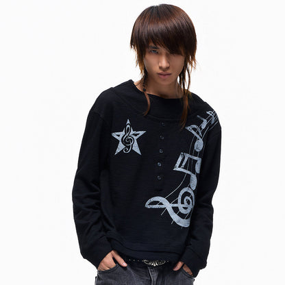 Henley Neck Fake Layered Music Note Print Long Sleeve T-Shirt WN27367