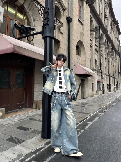 Fringe Damage Wash Denim Jacket & Wide Leg Denim Jeans Setup WN20756