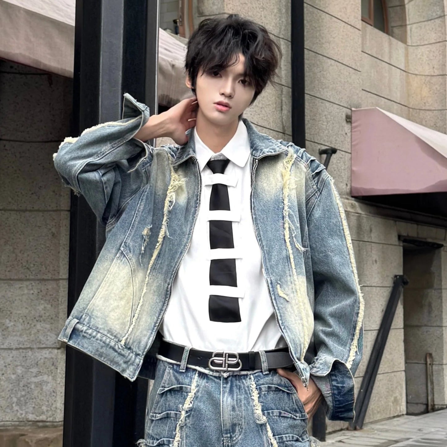 Fringe Damage Wash Denim Jacket & Wide Leg Denim Jeans Setup WN20756