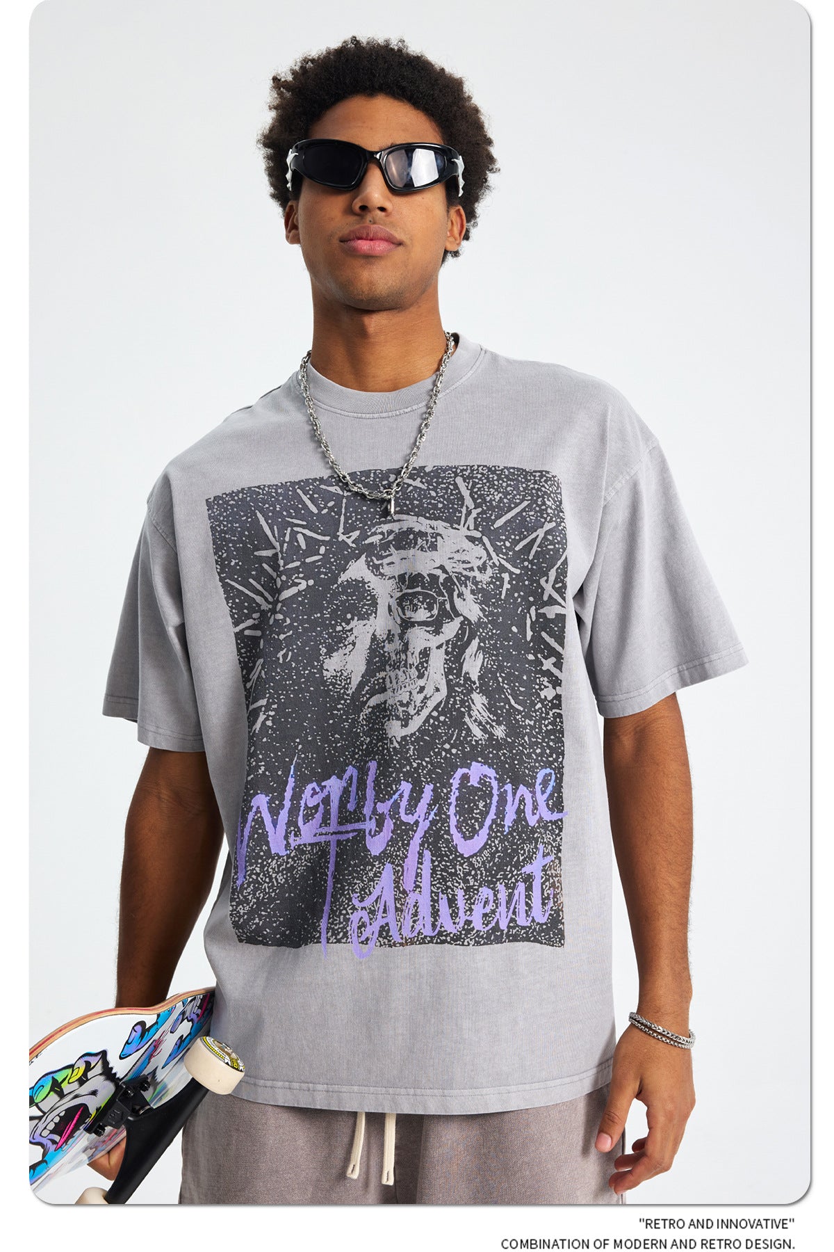 Washed Portrait Print Oversize Short Sleeve T-Shirt WN16258