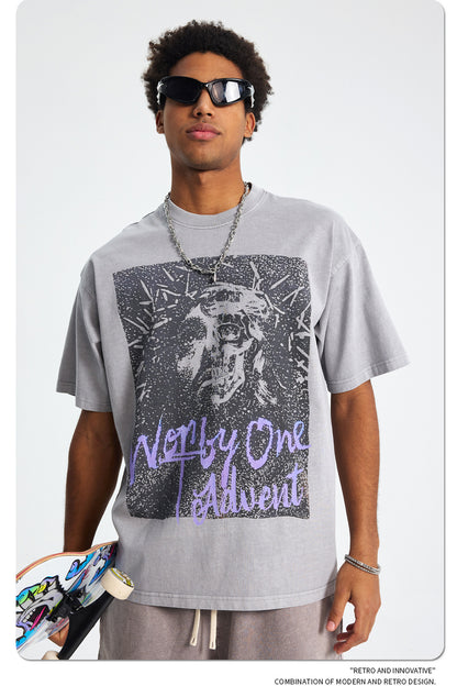 Washed Portrait Print Oversize Short Sleeve T-Shirt WN16258