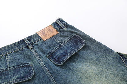 Washed Multi Pocket Letter Print Denim Half Jeans WN25994