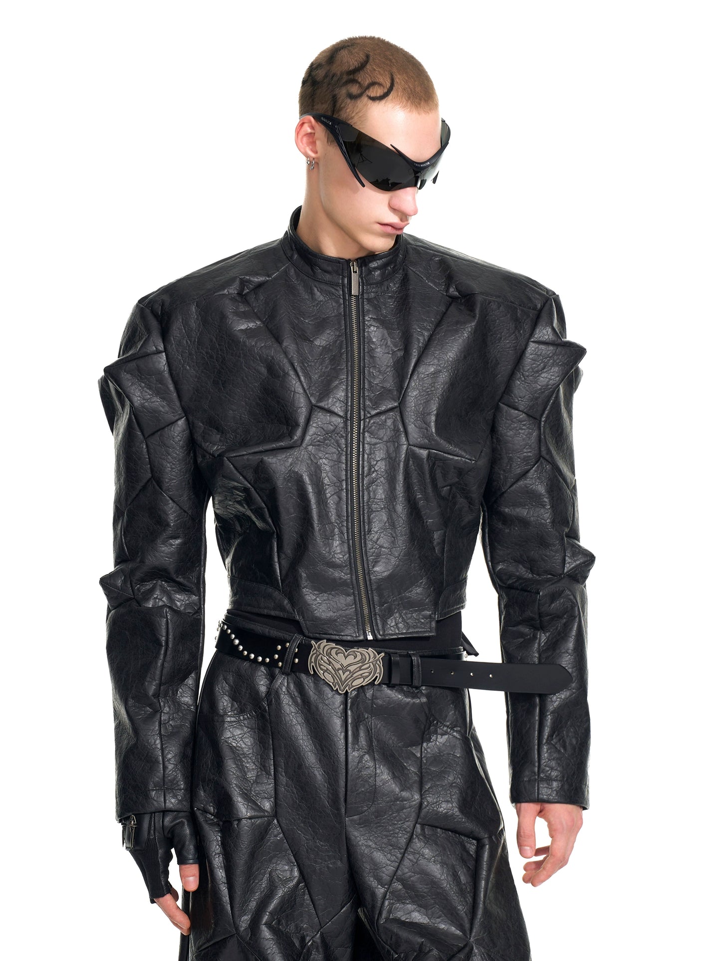 Deconstruction PU Leather Jacket & Wide Leg Pants Setup WN20949