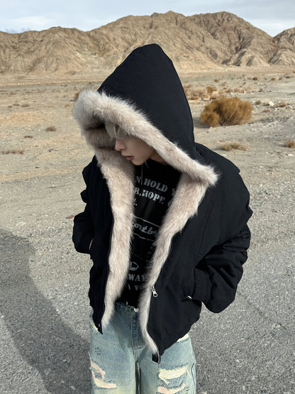 Fake Fur Collar Washed Hooded Jacket WN10604