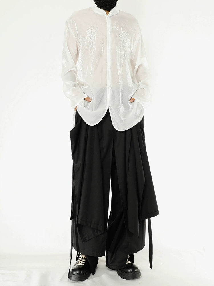 Organza Floral Embroidery Standing-Collar Long Sleeve Shirt WN20175