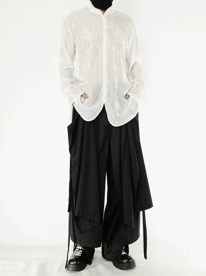 Organza Floral Embroidery Standing-Collar Long Sleeve Shirt WN20175