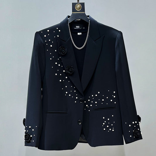 Beaded Rhinestone Oversize Tailored Jacket & Flare Trousers Setup WN23880