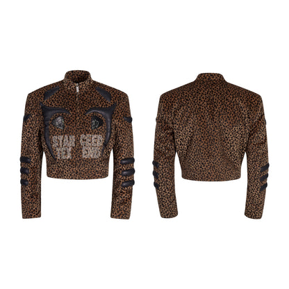 Leopard Rhinestone Mix PU Leather Short Zipper Jacket WN21767
