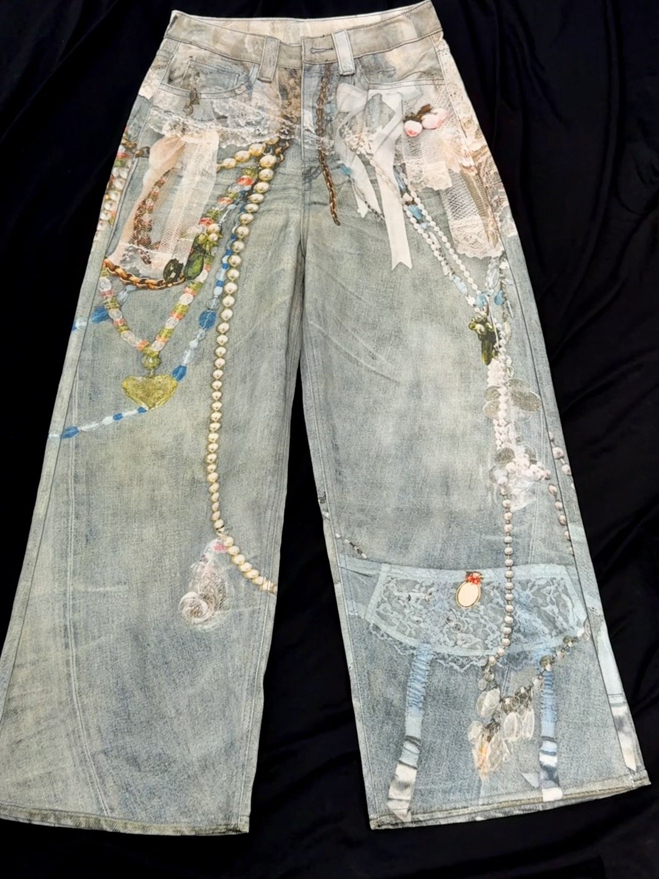 3D Print Washed Wide Leg Denim Jeans WN23038