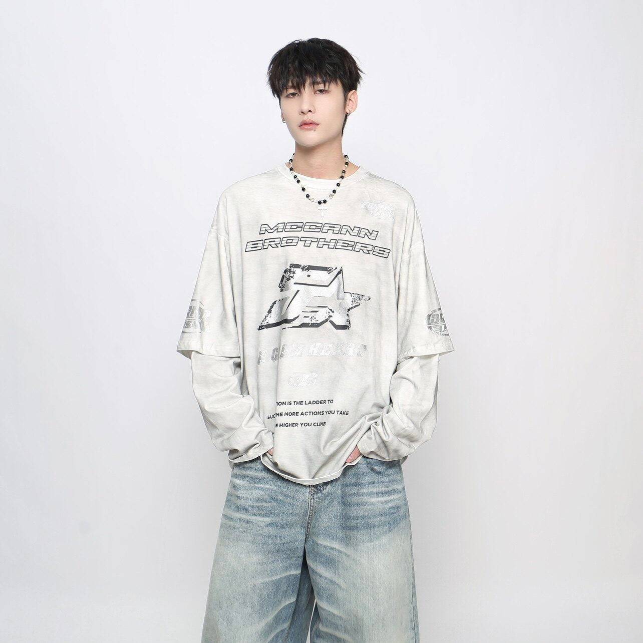 Graphic Paint Print Fake Layered Oversize Long Sleeve T-Shirt WN24420