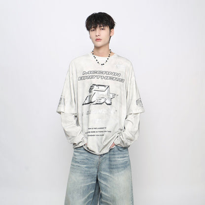 Graphic Paint Print Fake Layered Oversize Long Sleeve T-Shirt WN24420