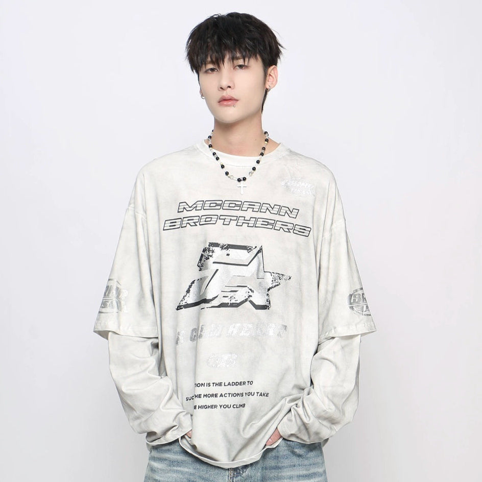 Spray Letter Print Fake Layered Long Sleeve T-Shirt WN21048